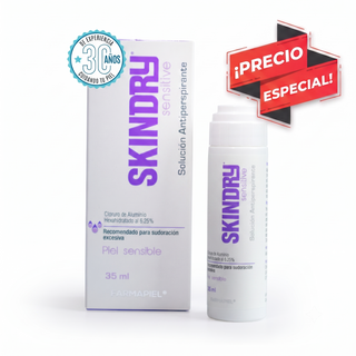 SKINDRY Antitranspirante Sensitive | Pieles Sensibles | Control de Hiperhidrosis | 48h de Protección para Axilas, Manos, Pies, Frente y Cuero Cabelludo | 35 ml