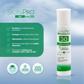 SKINPRO Gel Protector Solar Facial FPS 30 | Melanina en Microesponjas | Protección UVA/UVB y Luz Azul con Acabado Mate | 50g