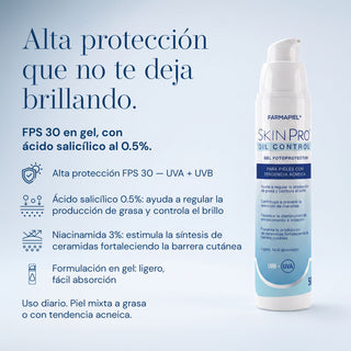 SKINPRO Oil Control Gel Fotoprotector FPS 30 | Piel Mixta a Grasa con Tendencia Acnéica | Control de Grasa y Brillo | 50 g